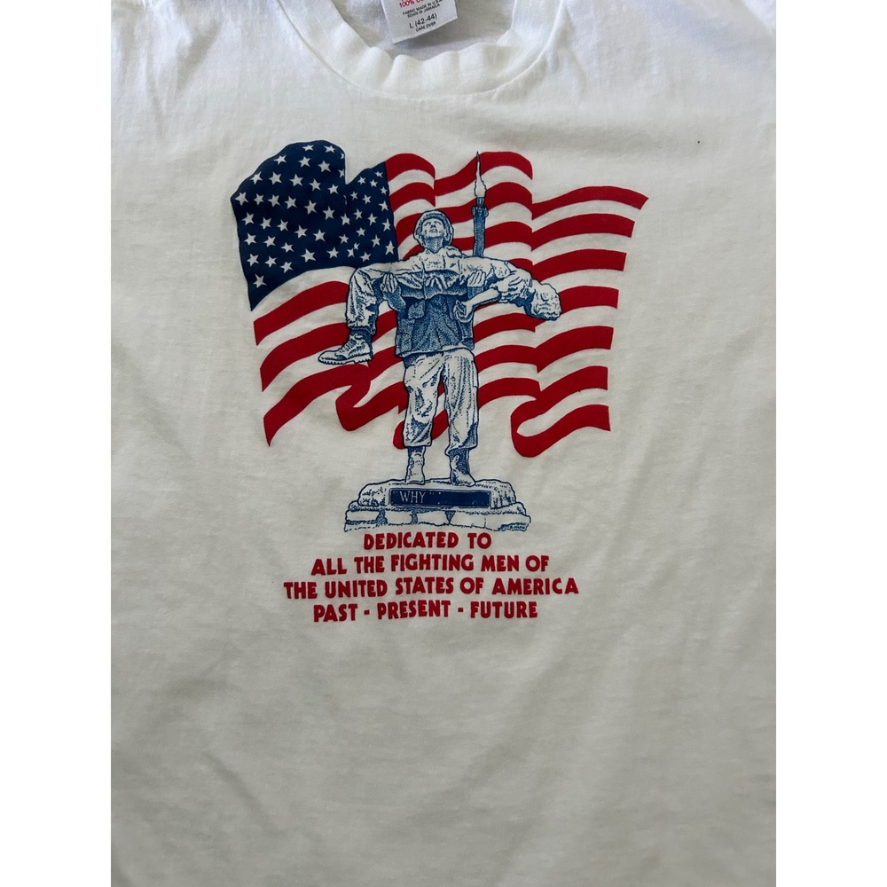 Vintage Oneita Power-T US Military Patriotic T-Shirt White Large Single Stitch